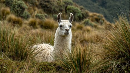 Obraz premium Serene White Llama Grazing in Andean Highlands Natural Habitat Scene