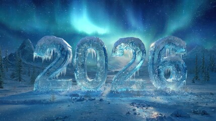Illuminated ice sculpture numbers forming the year 2026 under the aurora borealis sky