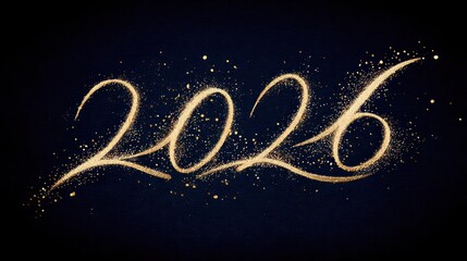Golden glowing numbers 2026 illuminated with sparkling lights and glitter against a dark background