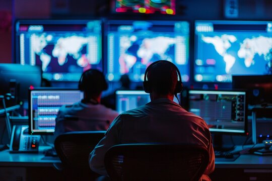 Cybersecurity specialists monitoring global network data in control room