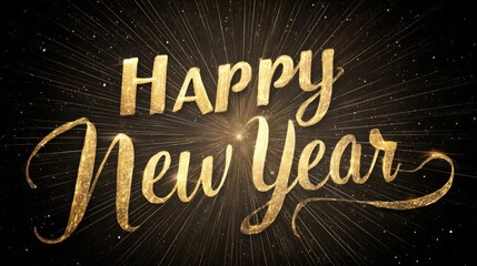 Elegant golden calligraphy text happy new year with sparkling lights and bokeh effects on a dark background