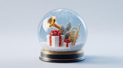 Festive christmas snow globe featuring a vintage gramophone wrapped presents and a miniature tree against a snowy backdrop