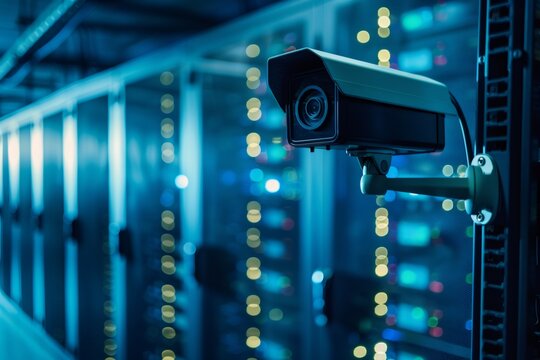 Security camera monitoring server racks in modern data center - Powered by Adobe