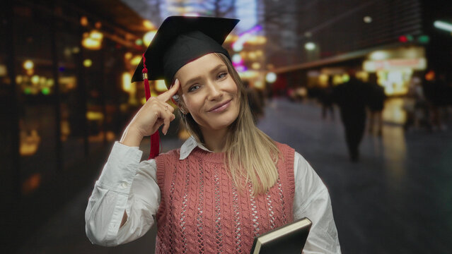 Woman smiling in graduation cap holding book on city street at night, embodying joy and achievement in urban life, celebrating education outdoors.