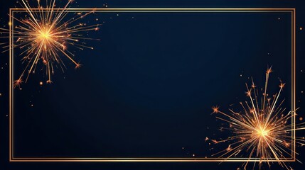 Golden geometric frame with sparkling fireworks on a dark blue background for festive celebrations and invitations