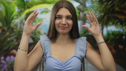 Teen woman gesturing with hands in forest path among plants and flowers, hands raised at chest...