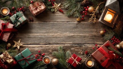 Rustic wooden table framed by festive christmas decorations including gifts candles and pine branches