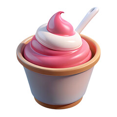 3d illustration of a swirl of pink and white softserve ice cream in a cup with a spoon, isolated on transparent background