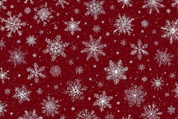 Beautiful seamless pattern of sparkling silver snowflakes scattered across a rich deep red background for festive holiday designs
