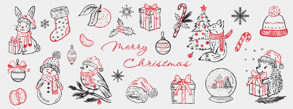 Hand drawn merry Christmas festive drawings. Vector sketch illustration in vintage crayon charcoal style. Winter hare, tit bird, hedgehog, fox animals, Christmas tree, snowman