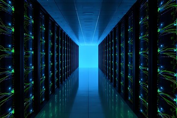 A vast server room, with symmetrical corridors of sleek black server racks, extends to the horizon. Electric blue and lime green light lines flow and pulsate through the server panels