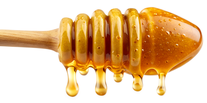 Honey dripping from a wooden dipper isolated on transparent background, a sweet and natural treat