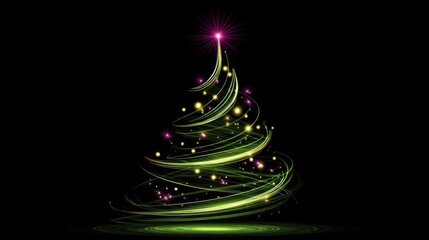 Abstract glowing green christmas tree with festive lights and star on a dark background