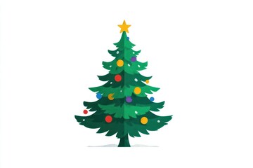 Festive green christmas tree adorned with colorful ornaments and glowing lights topped with a golden star