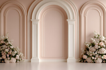 Elegant arches and floral accents create a timeless, romantic backdrop. A refined aesthetic with soft hues and classic architectural details. Ideal for portraits.