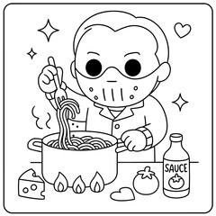 Cartoon man with mask cooking spaghetti in pot coloring page with food items around