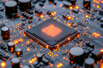 Close-up of a high-tech microprocessor on a circuit board with glowing orange lights