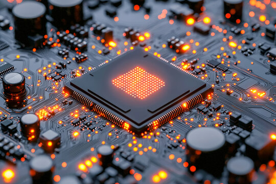 Close-up of a high-tech microprocessor on a circuit board with glowing orange lights