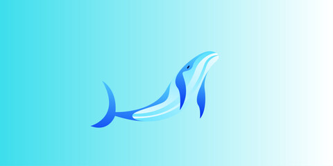 Abstract blue background with stylized waves and a vector bird flying over marine animal silhouettes like fish and dolphins