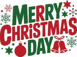 Merry Christmas Day festive greeting with bells and snowflakes