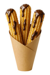 Delicious churros with melted chocolate sauce in a paper cone, a traditional Spanish dessert, Isolated on Transparent and White Background