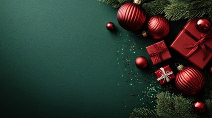 Festive christmas decorations with red ornaments and gifts arranged on a dark green textured background