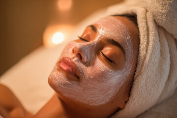 Fototapeta premium Woman enjoying a relaxing facial treatment with a creamy skincare mask applied on her face while resting with a towel wrapped around her head in a calming spa enviro