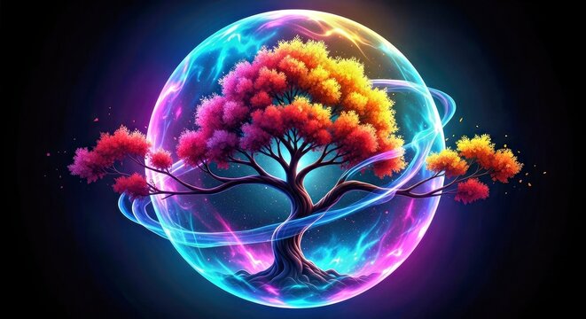 Conceptual Art Tree Encased Within a Glass Sphere Symbolizing Protection and Fragility