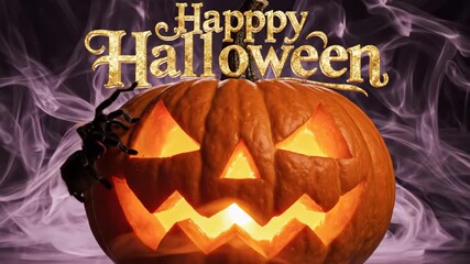 Spooky Jack-o'-lantern with glowing face for Halloween. Holiday greeting with "Trick or Treat" text and creepy spider on dark, smoky background