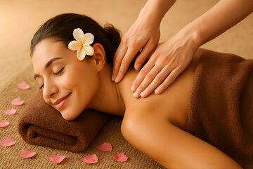 Beautiful woman enjoying a relaxing back massage with flower petals in a tranquil spa setting, perfect for wellness and beauty promotions