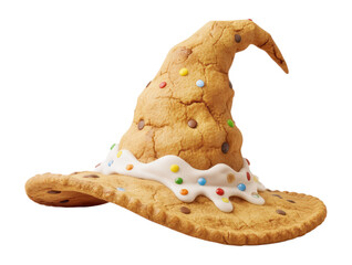 A whimsical witch hat made of delicious cookie dough, decorated with colorful candy gems and sweet white icing, Isolated on Transparent and White Background