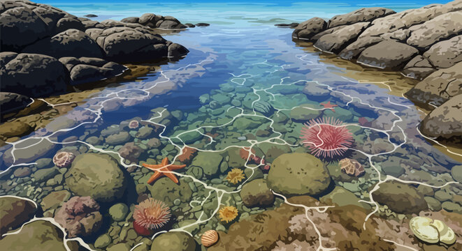 Clear Ocean Tide Pool with Sea Creatures and Rocky Shore Illustration