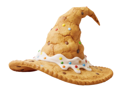 A whimsical witch hat made of delicious cookie dough, decorated with colorful candy gems and sweet white icing, Isolated on Transparent and White Background