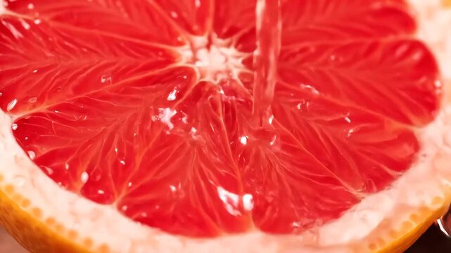 Close up of a juicy red grapefruit slice showing its vibrant texture and segments.
