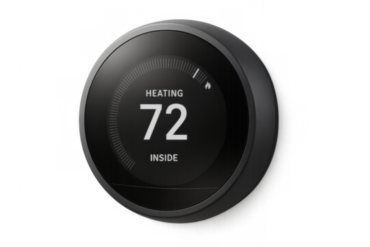 Smart thermostat displaying heating temperature, modern home automation technology, digital control system, transparent background