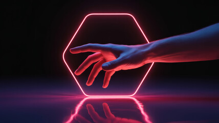 Human hand reaching through a vibrant glowing neon hexagon portal on a dark reflective surface futuristic abstract technology concept for innovation connection and cyber art