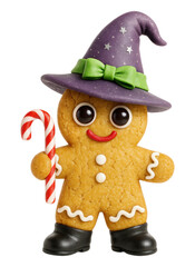 Cute Gingerbread Man Cookie in a Witch Hat with a Candy Cane, Halloween and Christmas Mashup Concept, Isolated on Transparent and White Background