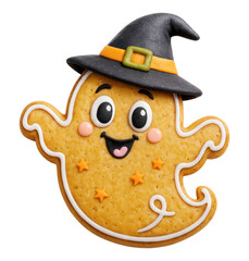 A cute Halloween gingerbread cookie in the shape of a happy ghost wearing a witch's hat, Isolated on Transparent and White Background