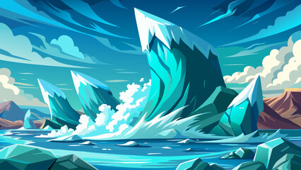 Massive glacier cracking apart, giant ice blocks falling into turquoise sea, waves splashing high, sunlight reflecting through mist, powerful natural event frozen in motion