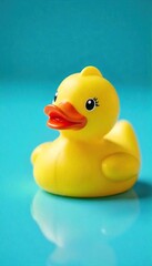 Cheerful Yellow Rubber Duck Ready for Bath Time Fun on Blue Background, Perfect for Childhood and Summer Themes