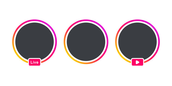 Instagram story icon set. instagram stories frame, user profile avatar button. live video streaming frame, live stream icon set. social media interface app icon - live broadcast gradient circle frame