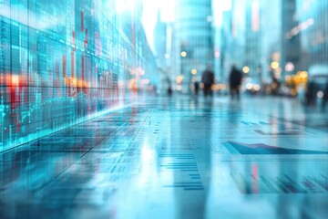 Urban street reflecting digital data trends amidst busy city life in the evening glow