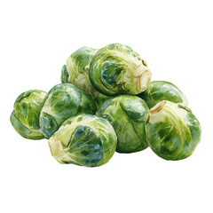 A beautiful watercolor painting of fresh green brussels sprouts piled together against a dark background