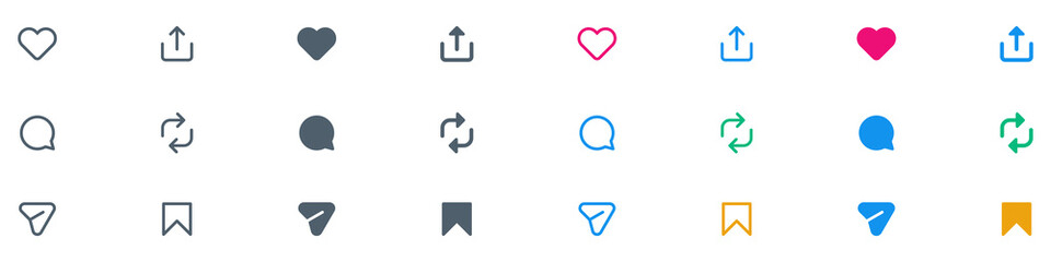 like icon, reply, repost, save, share icon signs - social media notification like comment, share icons. social network post reactions collection set. vector illustration