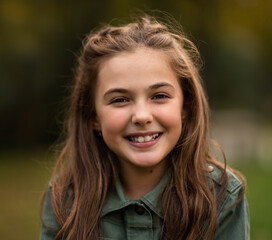 Fototapeta premium Portrait of a happy child girl outside, looking at the camera and smiling.
