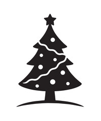 Fototapeta premium Black silhouette of a decorated Christmas tree with a star on top and a wavy garland black and white