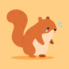 Vector sad squirrel crying. Cute cartoon forest animal with tears expressing sadness or emotion. Flat illustration.
