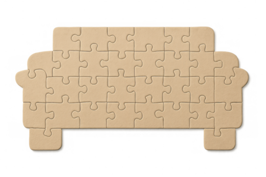 Sofa shape forming from jigsaw puzzle pieces representing home furnishing, solution, comfort, and interior design concept