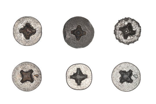 Used screw and bolt heads with signs of wear, scratches, dents, rust spots. Close-up view. Isolated on transparent background. Set 4.