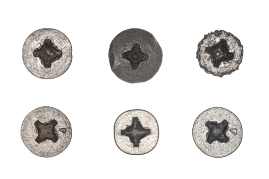 Used screw and bolt heads with signs of wear, scratches, dents, rust spots. Close-up view. Isolated on transparent background. Set 4.